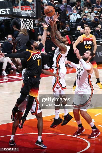 Brandon Ingram of the New Orleans Pelicans grabs the rebound against the Utah Jazz on November 27, 2021 at vivint.SmartHome Arena in Salt Lake City,...