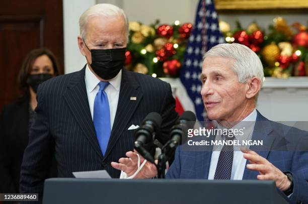 Chief Medical Advisor to the president Anthony Fauci speaks during a briefing on the Omicron Covid-19 variant, watched by US Vice President Kamala...