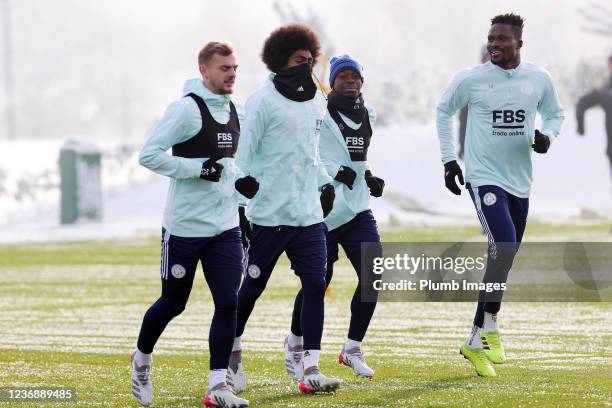 Hamza Choudhury of Leicester City, Kiernan Dewsbury-Hall of Leicester City, Daniel Amartey of Leicester City and Nampalys Mendy of Leicester City...