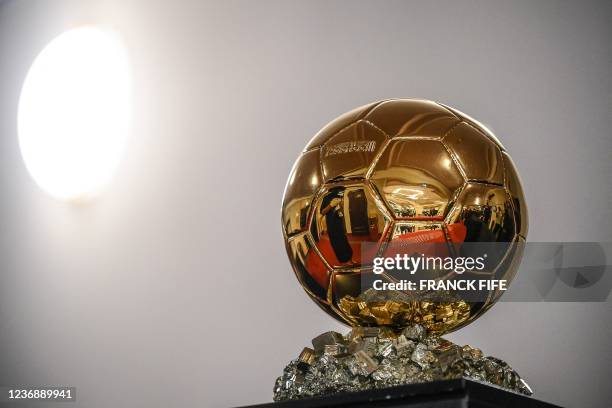 The Ballon d'Or award is displayed prior to the 2021 Ballon d'Or France Football award ceremony at the Theatre du Chatelet in Paris on November 29,...