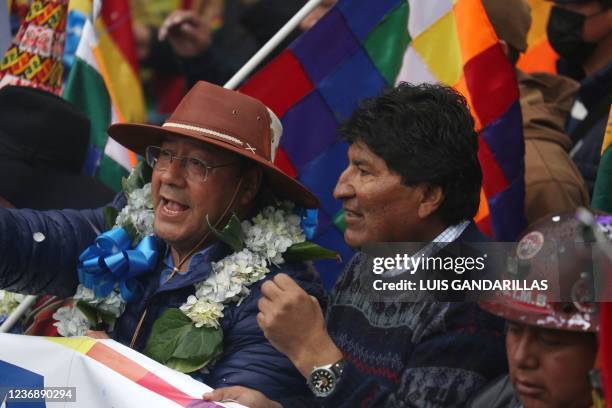 Bolivian President Luis Arce and ex-president Evo Morales lead a march in support of the government heading to La Paz, as they walk in El Alto on...