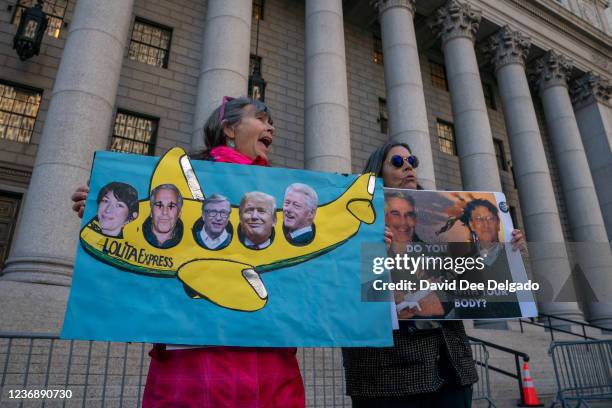 People gather to protest human trafficking at the Thurgood Marshall United States Courthouse where the trial of Ghislaine Maxwell is being held on...