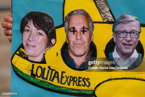 People gather to protest human trafficking at the Thurgood Marshall United States Courthouse where the trial of Ghislaine Maxwell is being held on...