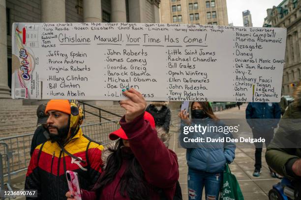 People gather to protest human trafficking at the Thurgood Marshall United States Courthouse where the trial of Ghislaine Maxwell is being held on...