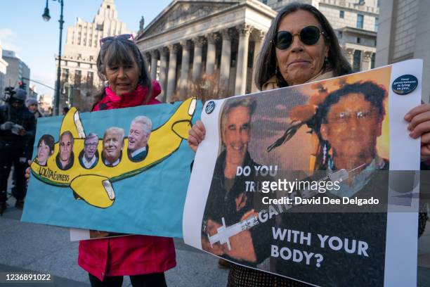 People gather to protest human trafficking at the Thurgood Marshall United States Courthouse where the trial of Ghislaine Maxwell is being held on...