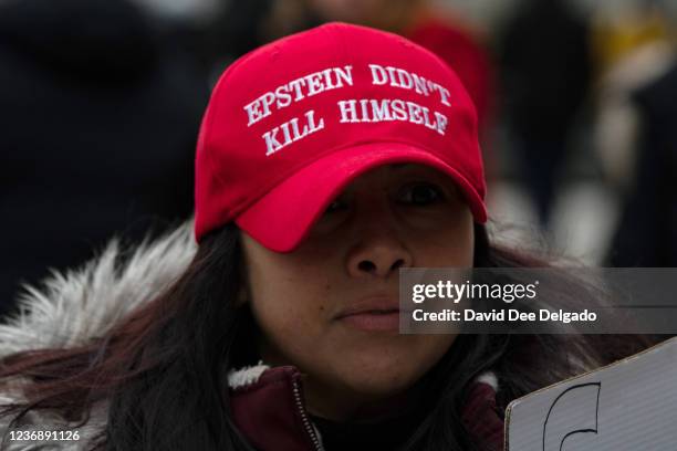 People gather to protest human trafficking at the Thurgood Marshall United States Courthouse where the trial of Ghislaine Maxwell is being held on...