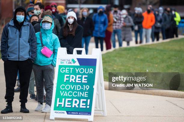 People wait in line at a walk-up vaccination site in Washington, DC, on November 29, 2021. President Joe Biden on Monday told Americans not to...