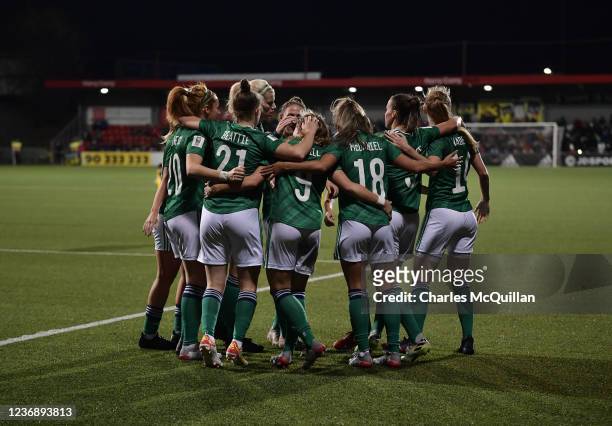 Simone Magill of Northern Ireland celebrates with team mates after scoring during the World Cup 2023 qualifier between Northern Ireland and North...