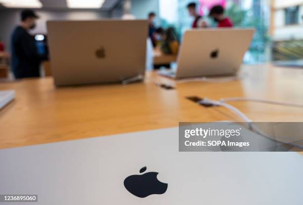 The new Macbook Pro laptops with computer chips M1 Pro and M1 Max at an Apple store in Hong Kong.