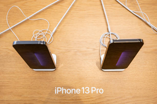 The iphone 13 pro smartphones series are displayed for testing at an Apple store in Hong Kong.