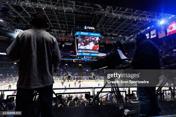 The view from the TV camera deck as players warm up before the game between the Columbus Blue Jackets and the Vancouver Canucks on November 26 at...