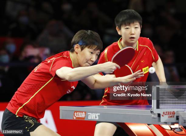 China's Wang Manyu and Sun Yingsha play against Japanese opponents Mima Ito and Hina Hayata in the women's doubles final at the table tennis world...