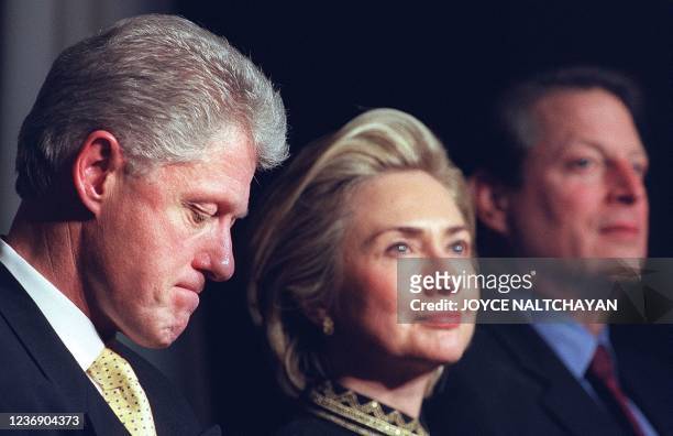 President Bill Clinton , First Lady Hillary and Vice President Al Gore listen to speeches at a Democratic National Committee dinner 15 January in...