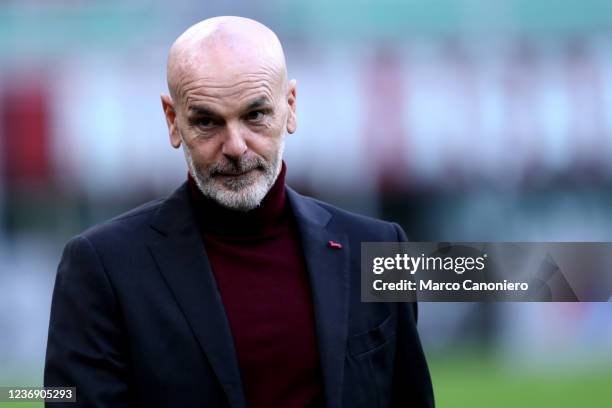 Stefano Pioli, head coach of Ac Milan, looks on during the Serie A match between Ac Milan and Us Sassuolo. Us Sassuolo wins 3-1 over Ac Milan.