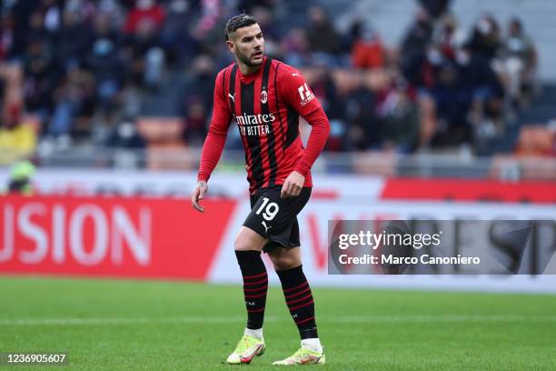 Theo Hernandez of Ac Milan looks on during the Serie A match between Ac Milan and Us Sassuolo. Us Sassuolo wins 3-1 over Ac Milan.