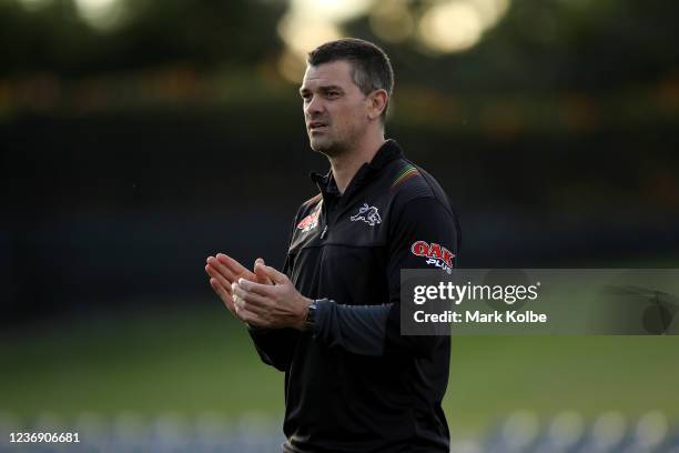 Assistant coach Cameron Ciraldo of the Panthers looks on ahead of the round three NRL match between the Penrith Panthers and the Newcastle Knights at...