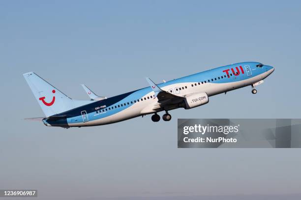 Airlines Belgium Boeing 737-800 aircraft as seen departing from Eindhoven Airport EIN during a sunny blue sky day. The B738 airplane is taxiing,...