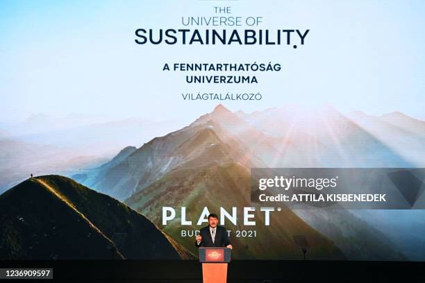 Hungarian President Janos Ader addresses a speech to open the Planet Budapest 2021 Sustainability Expo and Summit at the Hungexpo congress and...