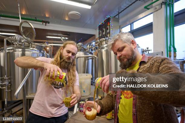 Brewmaster Valgeir Valgeirsson and an employee enjoy a drink of 'Ora jolabjor', or Ora Christmas Beer at the brewery of RVK Brewing Company in...