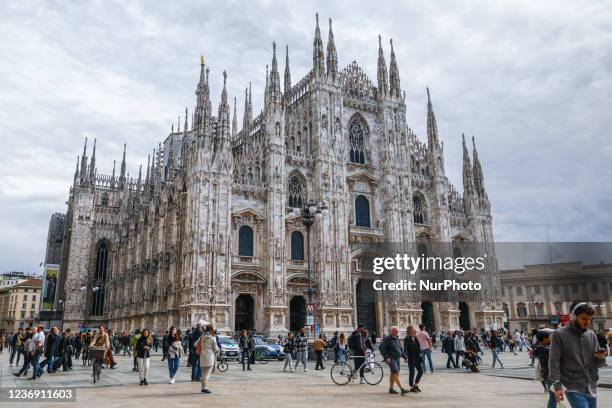 View of Duomo Cathedral and Piazza del Duomo in Milan, Italy on October 6, 2021.