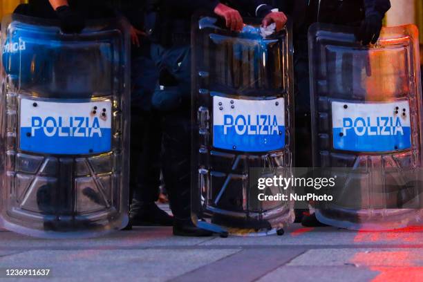 Police shields are seen at Piazza del Duomo in Milan, Italy on October 6, 2021.