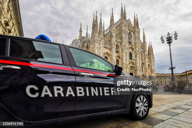 The Carabinieri car is seen parked near Duomo Cathedral at Piazza del Duomo in Milan, Italy on October 6, 2021.