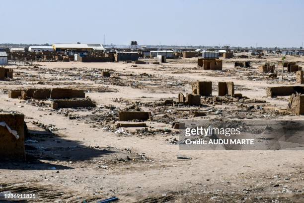 This view shows the Bakassi IDPs Camp in Maiduguri on November 30, 2021 as Internally displaced persons in Maiduguri have vacated their camps ahead...