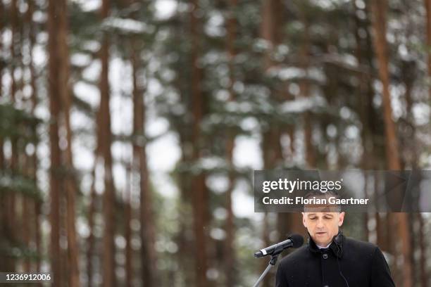 Heiko Maas, executive German Foreign Minister, is pictured during a memorial event 80 years after the Rumbula massacre on November 30, 2021 in Riga,...