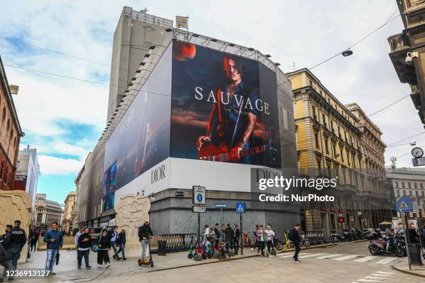 Billboard showing actor Johnny Depp promoting Dior aftershave Sauvage in Milan, Italy on October 6, 2021.