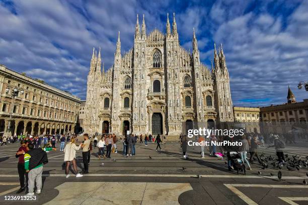 View of Duomo Cathedral and Piazza del Duomo in Milan, Italy on October 7, 2021.