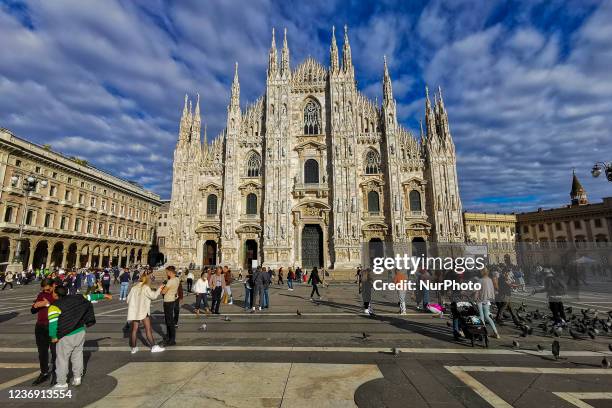 View of Duomo Cathedral and Piazza del Duomo in Milan, Italy on October 7, 2021.