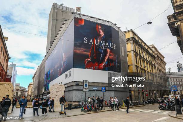 Billboard showing actor Johnny Depp promoting Dior aftershave Sauvage in Milan, Italy on October 6, 2021.