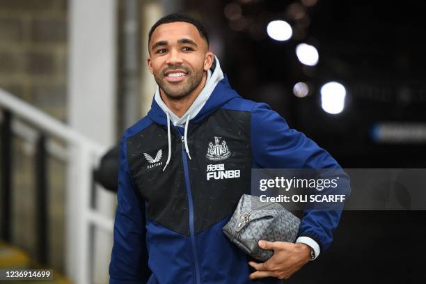 Newcastle United's English striker Callum Wilson smiles as he arrives for the English Premier League football match between Newcastle United and...