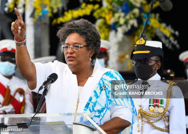 The Prime Minister of Barbados, Mia Amor Mottley, speaks during the National Honors ceremony and Independence Day Parade at Heroes Square in...