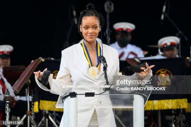 Rihanna Fenty speaks after becoming Barbados 11th National Hero during the National Honors ceremony and Independence Day Parade at Golden Square...