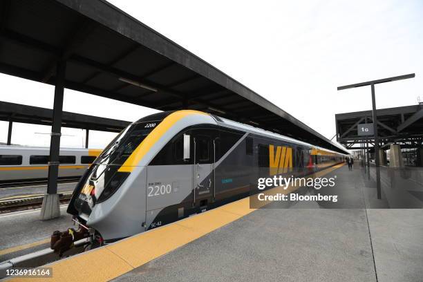 New VIA Rail Canada test train made by Siemens Canada during a media event at the train station in Ottawa, Ontario, Canada, on Tuesday, Nov. 30,...