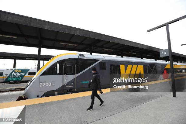New VIA Rail Canada test train made by Siemens Canada during a media event at the train station in Ottawa, Ontario, Canada, on Tuesday, Nov. 30,...