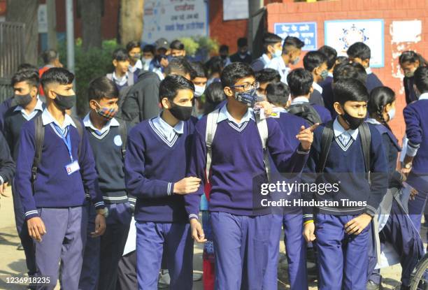 Students leaving after appearing for the first term exams for CBSE schools at Government Senior Secondary School at Sector 33 on November 30, 2021 in...