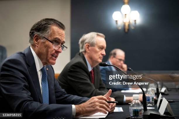 Sen. Mitt Romney speaks during a roundtable discussion with Republican Senators and economists about the Democrats social policy spending bill on...