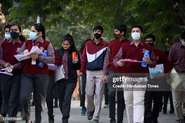 Students leave after appearing the Central Board of Secondary Education first term of class 10th social science exam at Kendriya Vidyalaya school on...