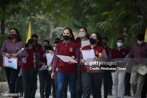 Students leave after appearing the Central Board of Secondary Education first term of class 10th social science exam at Kendriya Vidyalaya school on...