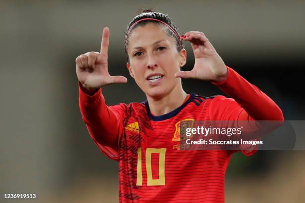 Jenni Hermoso of Spain Women celebrates 7-0 during the World Cup Qualifier Women match between Spain v Scotland at the La Cartuja de Sevilla on...