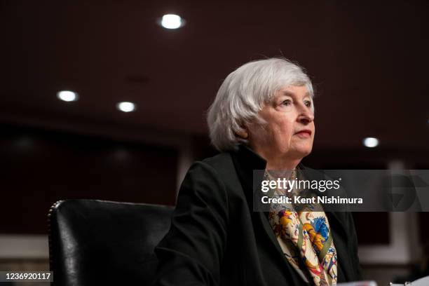 Secretary of Treasury Janet Yellen testifies before a Senate Banking Committee hearing on the CARES Act Oversight at the Senate Office Building on...