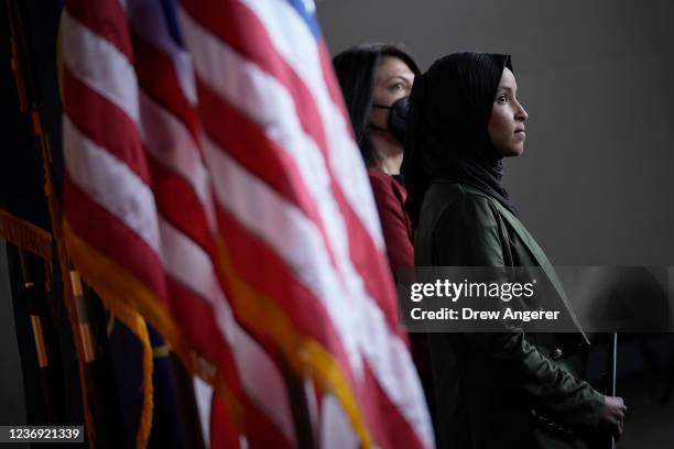Rep. Ilhan Omar attends a news conference about Islamophobia on Capitol Hill on November 30, 2021 in Washington, DC. A video of Rep. Lauren Boebert...
