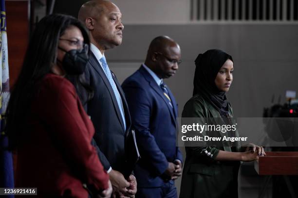 Rep. Rashida Tlaib , Rep. Andre Carson , Rep. Jamaal Bowman and Rep. Ilhan Omar listen to question from reporters during a news conference about...