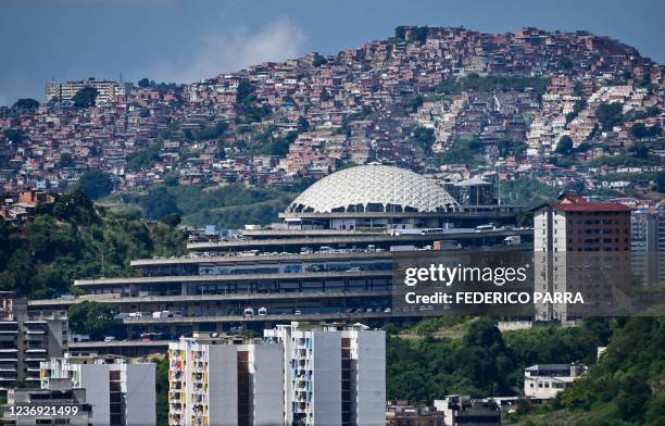 General view of El Helicoide, the headquarters of the Bolivarian National Intelligence Service , in Caracas, taken on November 27, 2021. - When...