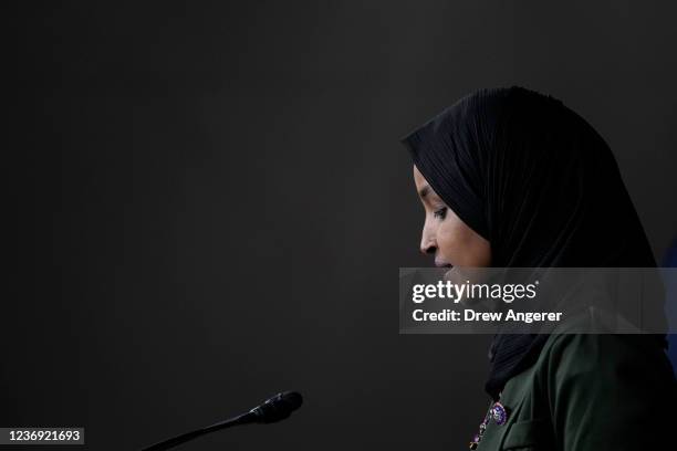 Rep. Ilhan Omar speaks during a news conference about Islamophobia on Capitol Hill on November 30, 2021 in Washington, DC. A video of Rep. Lauren...