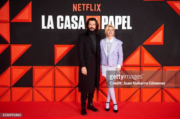 Alvaro Morte and Najwa Nimri attends Netflix's "La Casa De Papel" Part 5 Vol.2 by Netflix at Palacio de Vista Alegre on November 30, 2021 in Madrid,...