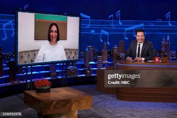 Episode 1561 -- Pictured: Actress Maya Rudolph and host Jimmy Fallon play "Misname That Song" on Tuesday, November 30, 2021 --