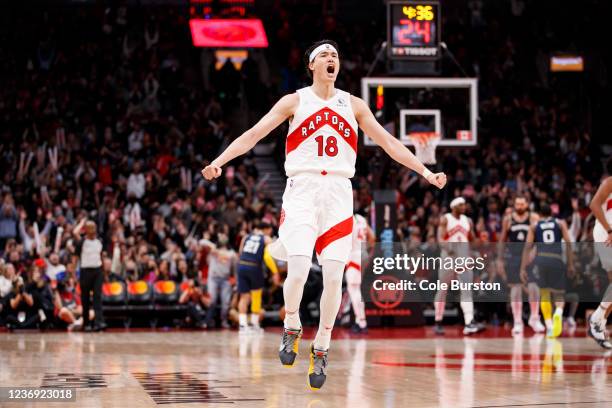 Yuta Watanabe of the Toronto Raptors celebrates a 3-pointer during the second half of their NBA game against the Memphis Grizzlies at Scotiabank...